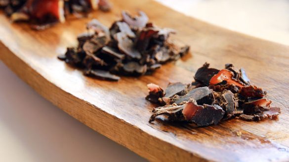 Biltong on wooden board