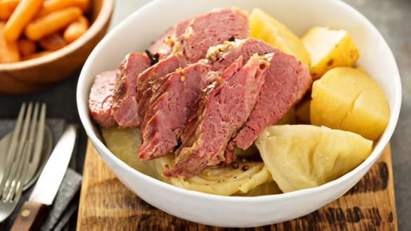 Cooked corned beef with cabbage, potatoes and carrots