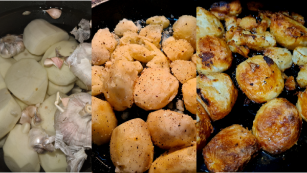 three stages of cooking potatoes: on the left is raw with garlic, in the middle is half roasted and on the right is crispy golden brown