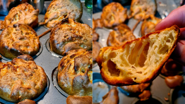 two side by side photos of Yorkshire pudding, on the left is muffin tray, on the right is the inside